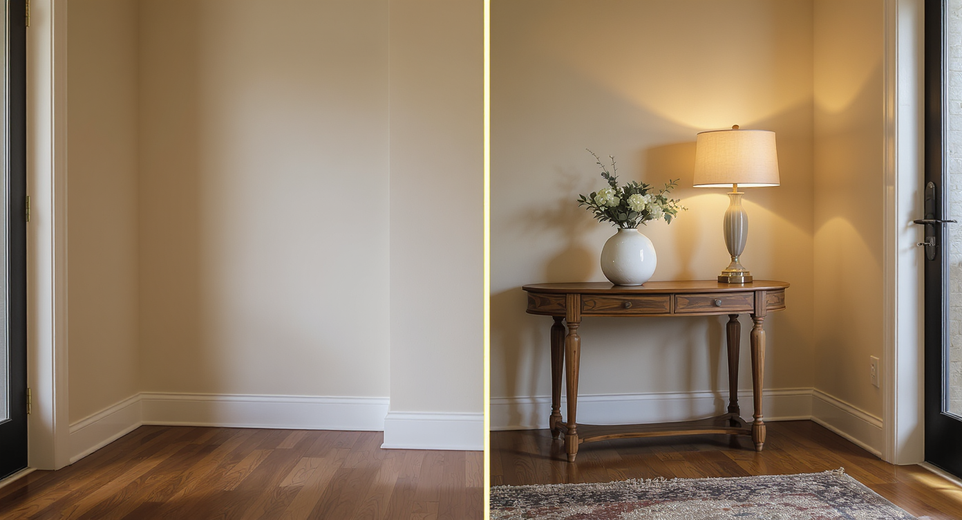 Side-by-side before and after scene of a foyer corner: empty on one side, styled with a round table, floral arrangement, rug, and soft lamp on the other.