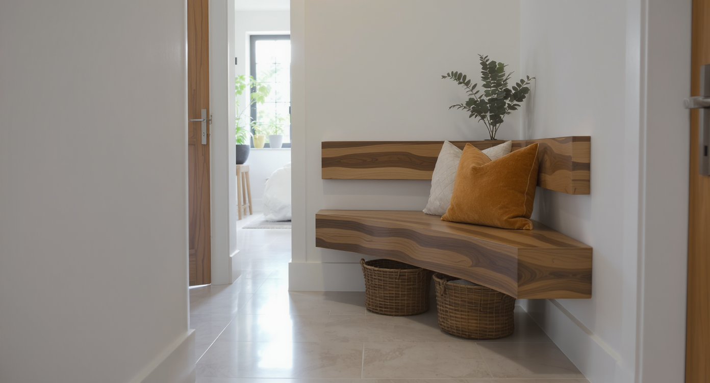 A realistic foyer corner transformed into a welcoming entryway with a floating wood bench, baskets, plant, and modern accessories under natural light.