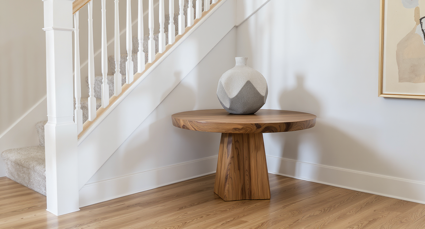 A modern foyer corner under an open stairwell features a large round wood table, sculptural vase, and balanced shapes against angular lines.