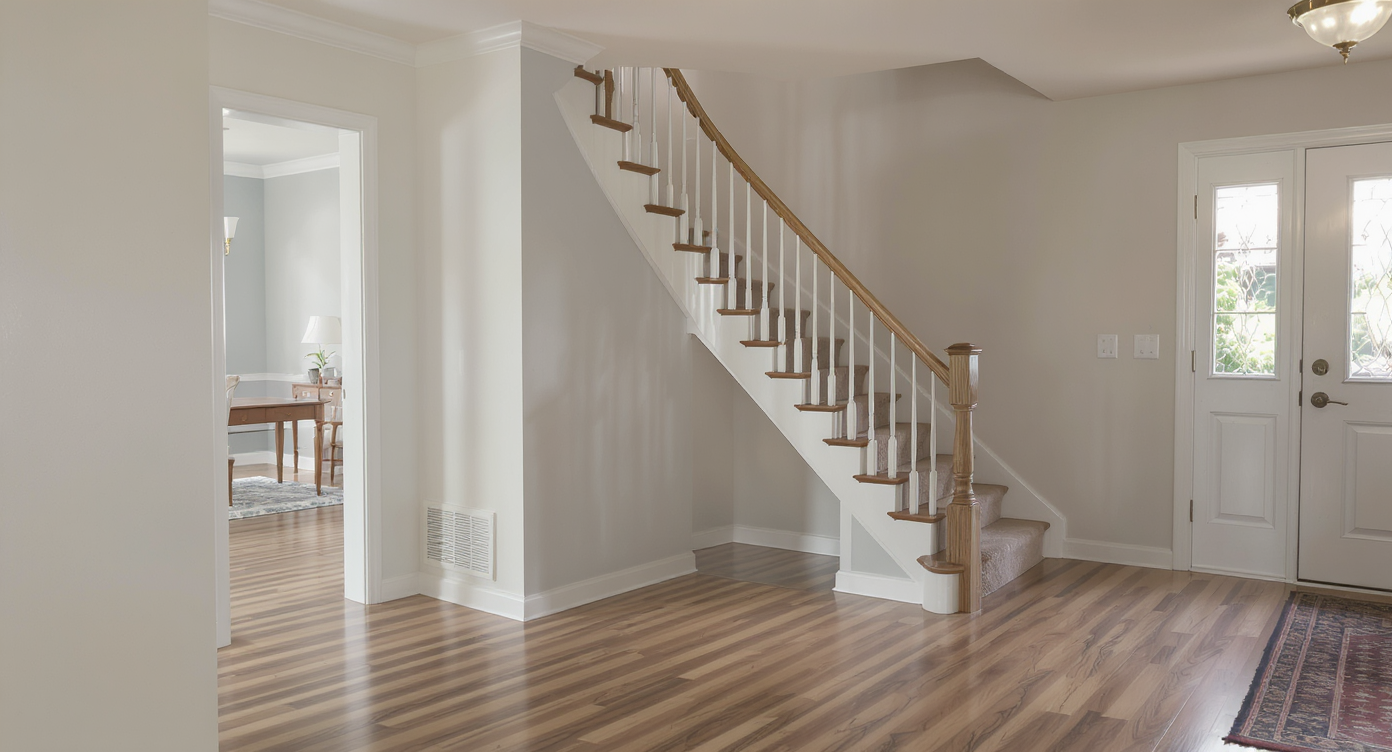 A photorealistic foyer with an empty, oddly shaped corner beside an open stairwell, subtly lit by natural daylight, highlighting the design challenge.