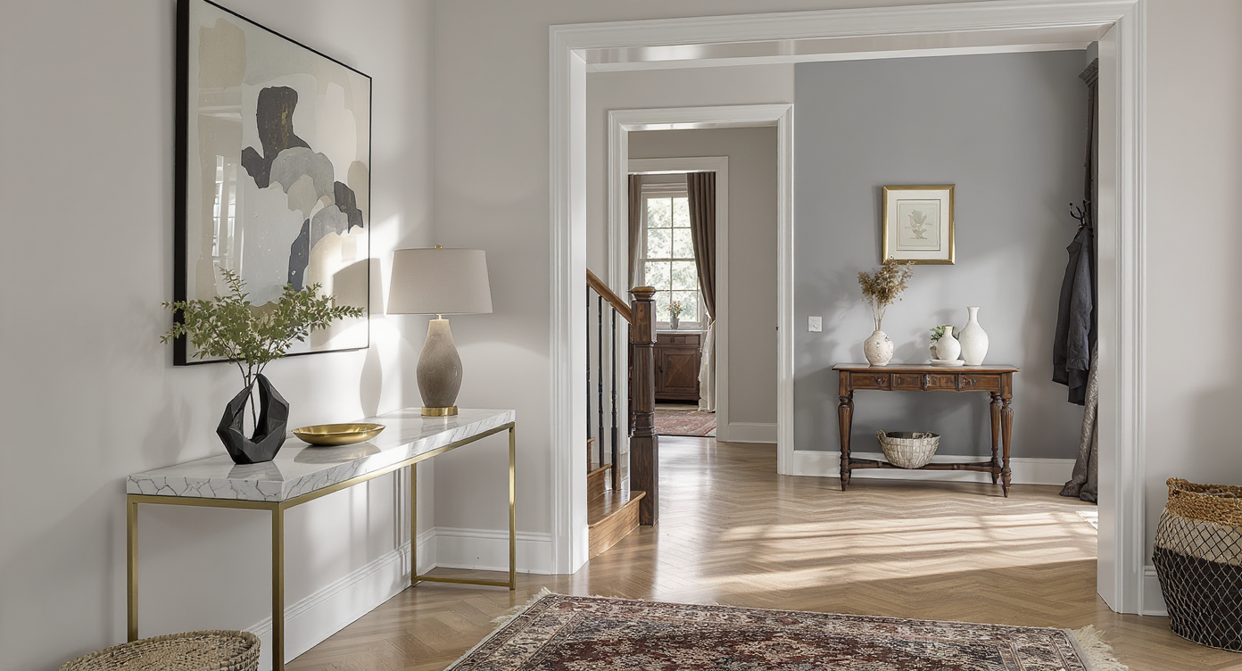 Stylish foyer corner with minimalist marble-topped console, elegant lamp, low-hung art, and textured rug arranged in a modern entryway.