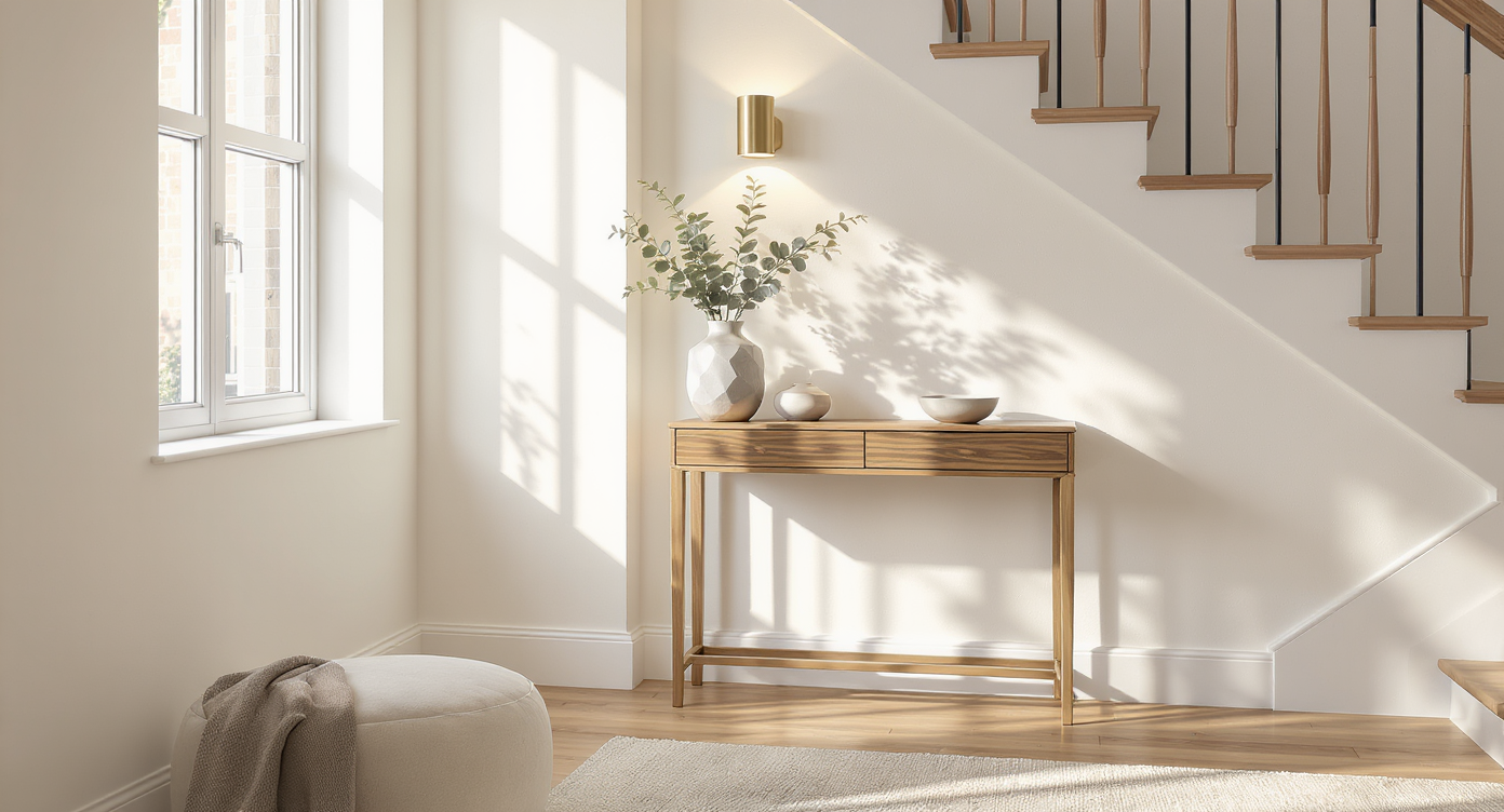 A realistic foyer corner by a stairwell, thoughtfully styled with a console table, decorative vase, soft lighting, and a small ottoman.