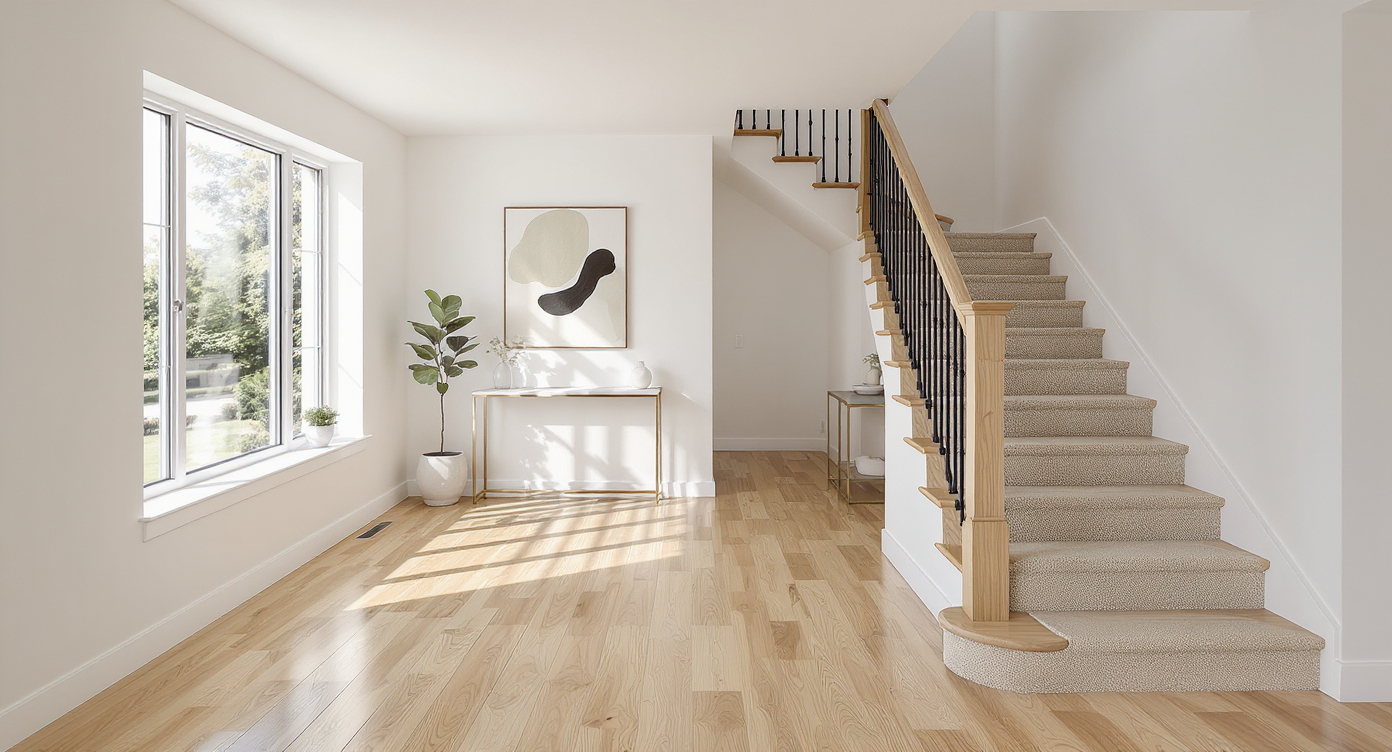 Modern residential foyer, staircase, and upper landing with visually coordinated flooring, natural daylight, and no human presence.