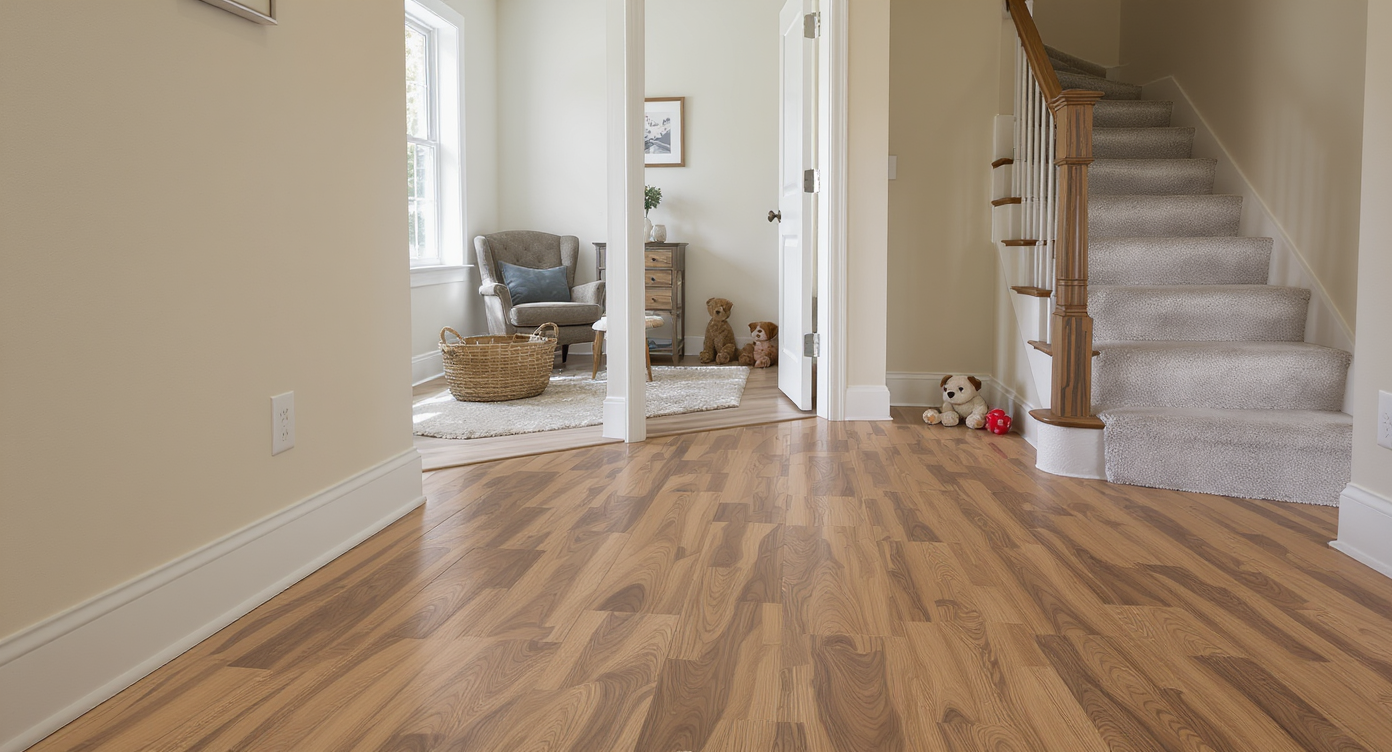 Photorealistic view of a modern basement with wood-look luxury vinyl plank flooring matching the upstairs foyer and stairway for visual cohesion.