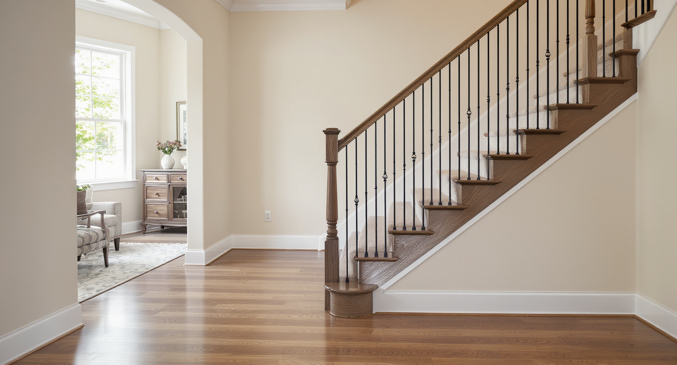 Elegant foyer with hardwood flooring and matching stairs, featuring a soft carpet runner starting partway up to illustrate flooring transition.