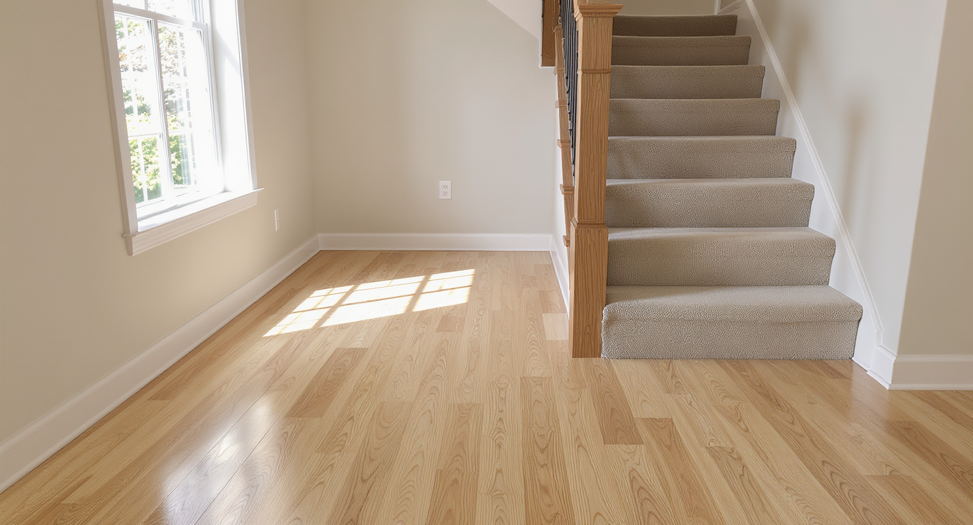 A bright, modern home foyer shows hardwood flooring meeting carpeted stairs and a darker wood landing above, illustrating flooring transitions.