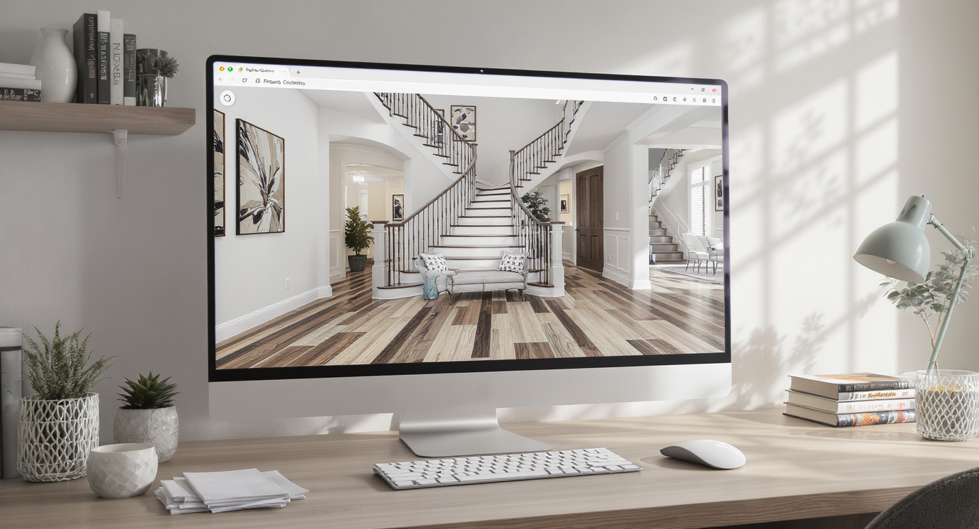 Home office with a computer showing 3D flooring mockups for an entry, stairs, and upper level, flooring samples and digital tools displayed nearby.