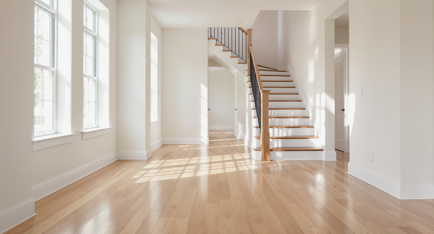 Seamless light oak hardwood flooring runs from an open foyer up a staircase and through a visible upper hallway, all bathed in natural light.