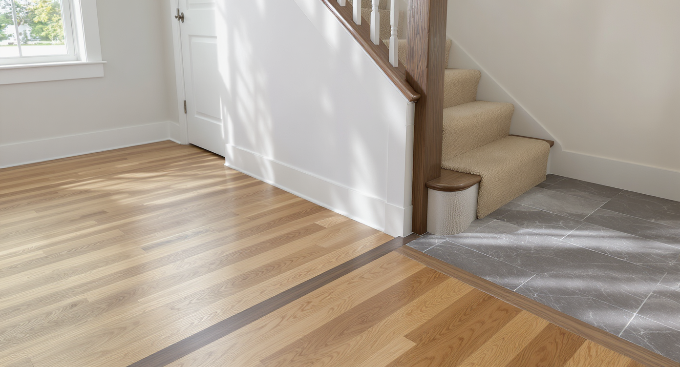 Entryway showing hardwood foyer, tiled mudroom with a threshold, and stairs shifting from wood to a carpet runner, highlighting material contrasts.