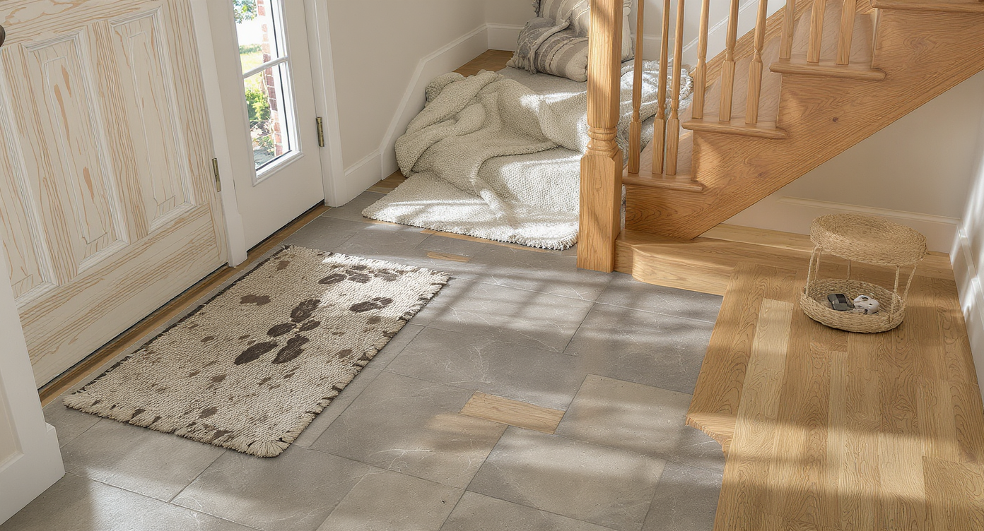 Durable stone tile foyer with muddy boots, area rug transition to hardwood stairs, and hallway with rugs visualizing practical floor care.