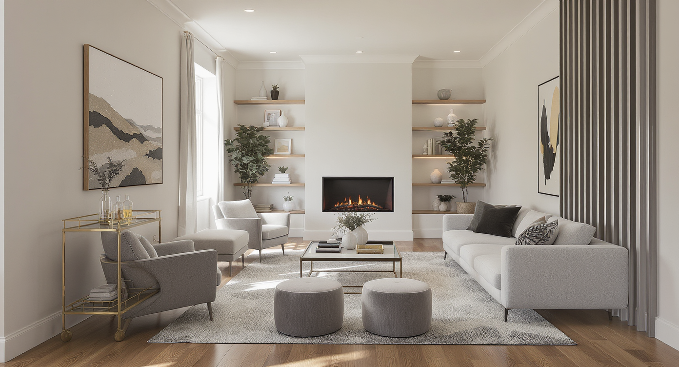 Slim armchairs, ottomans, a low bench, and a bar cart arranged in a long, narrow living room with tall shelving and a faux fireplace.