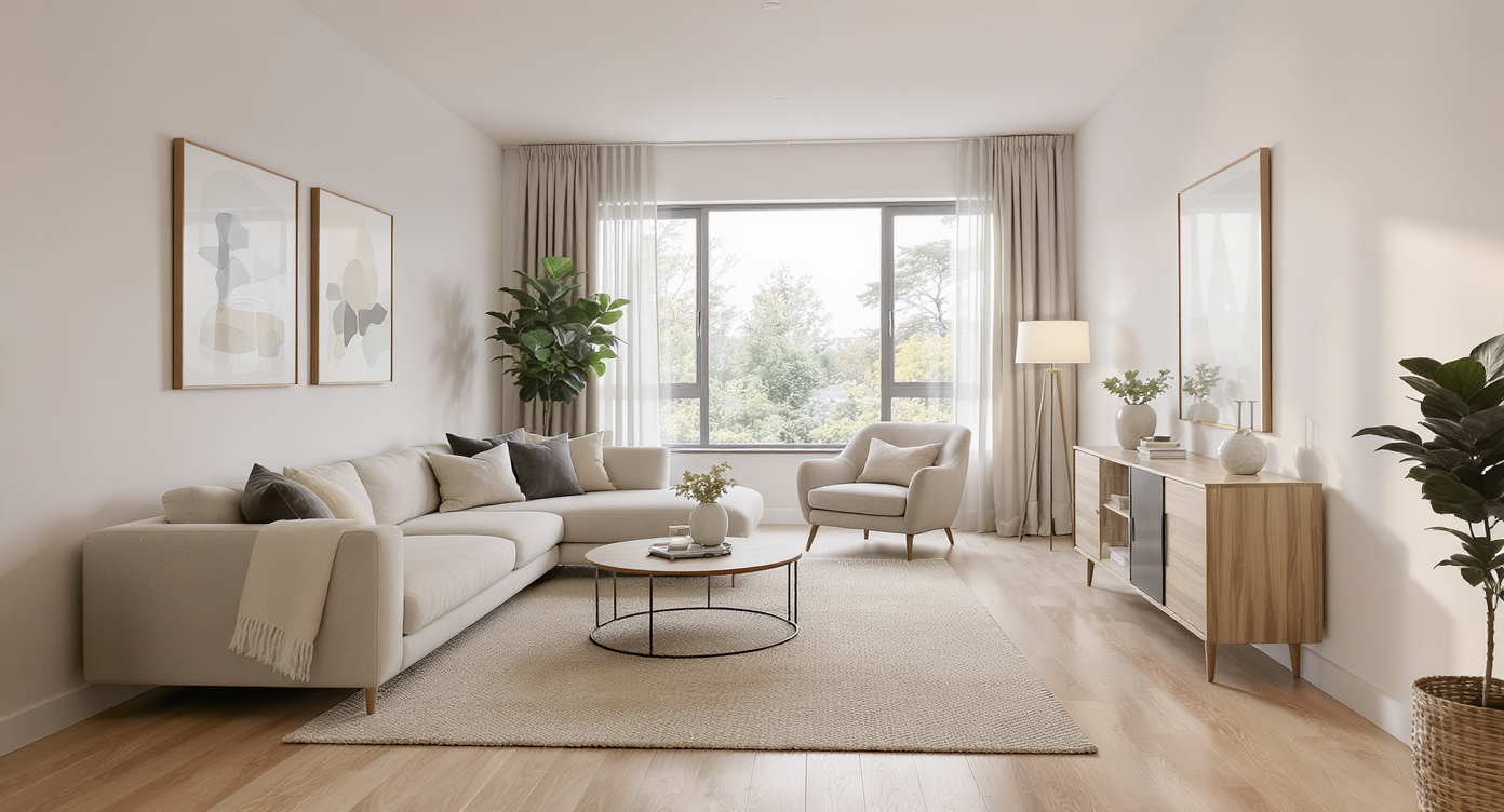 A long, irregular living room with two seating zones, clear walkways, natural light, and modern decor, expertly arranged for flow and comfort.