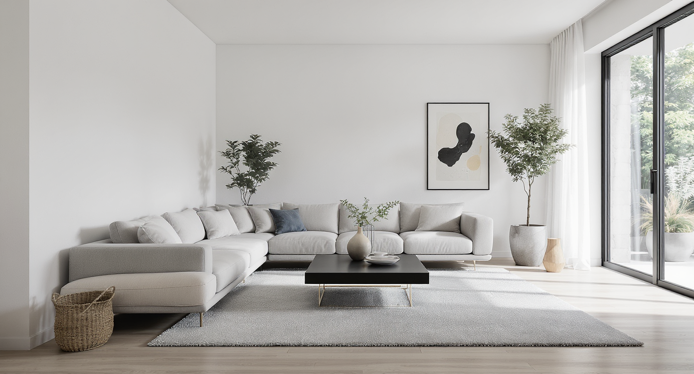 A realistic long living room with sofa along one wall, a central rug, coffee table, bench, ottoman, and slipper chairs in a conversational layout.