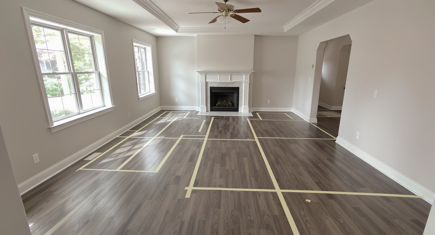 Photorealistic living room with painter’s tape outlining furniture placement, portable pieces, a window reading nook, sculptural lamp, and lush houseplants.