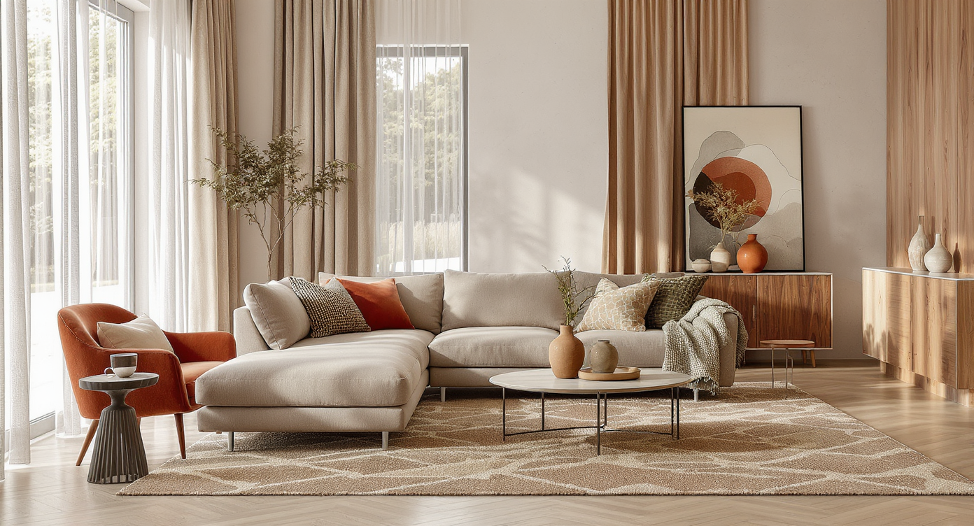 Long living room with khaki sofa, patterned rug, rust and green accents, and linen curtains showcasing cohesive earth-tone styling.