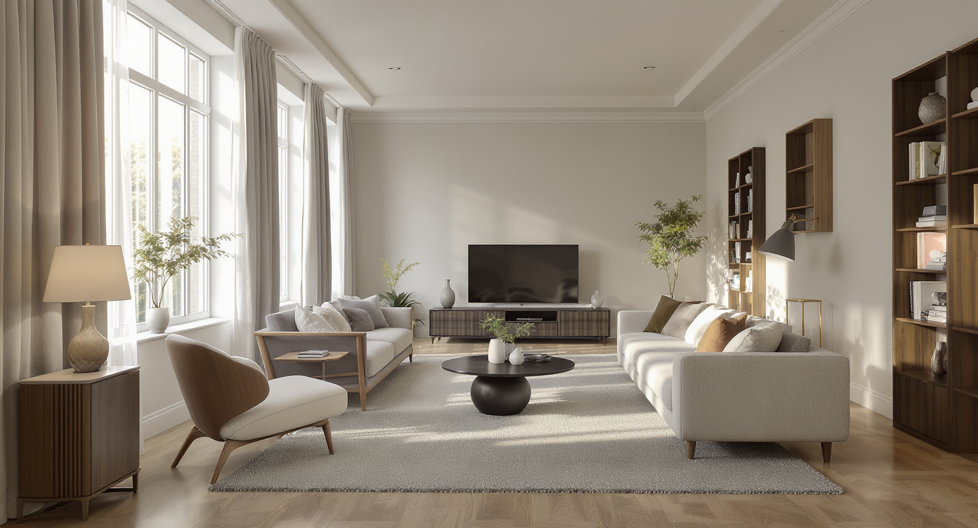 A long, rectangular living room with floating furniture in the center, unanchored seating arrangement, and awkward empty spaces near the walls.