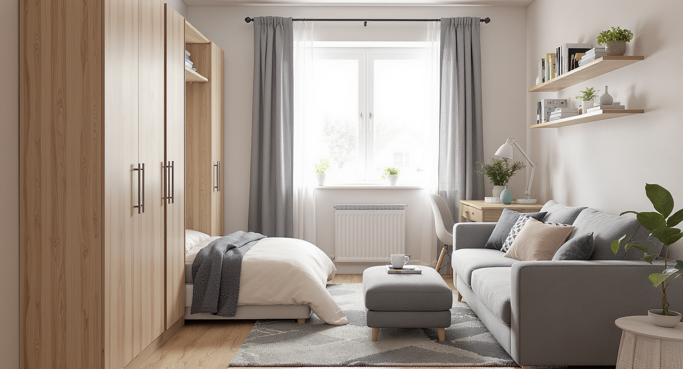 Multifunctional small room with Murphy bed, floating desk, wall-mounted monitor, accent wardrobe, and memory foam sleeper sofa in natural light.