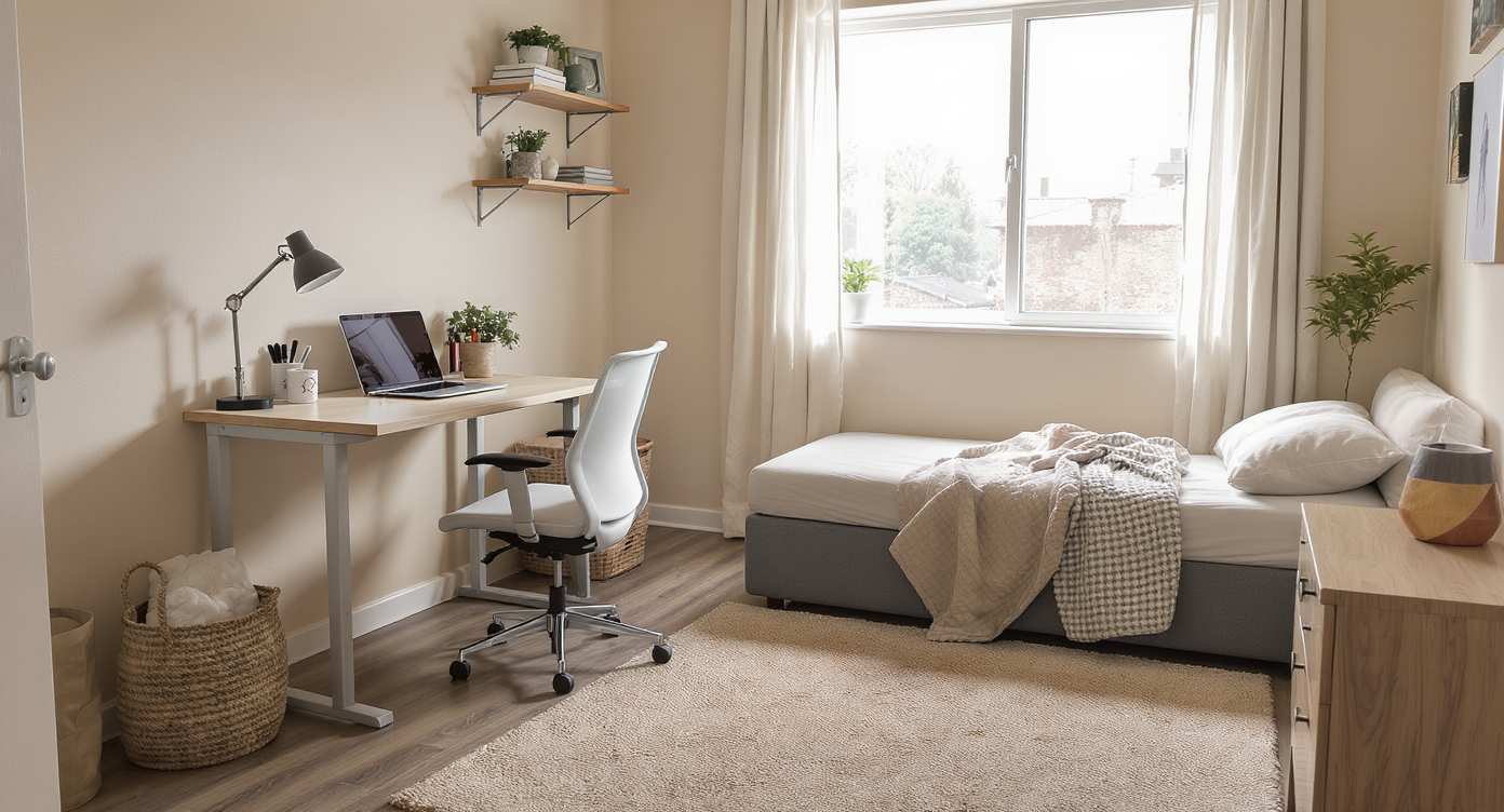 A small, modern room showcases a dual-purpose layout: half office with a desk and chair, half guest room with a daybed, all in 90 square feet.