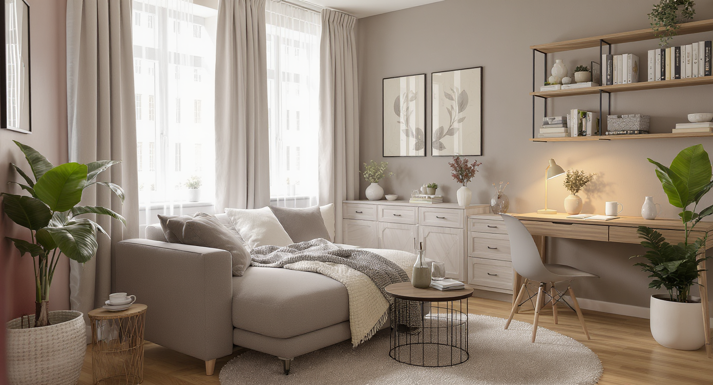 A bright, compact room shows a neatly made sofa bed and an organized desk with natural light, blending a cozy guest area with a functional workspace.