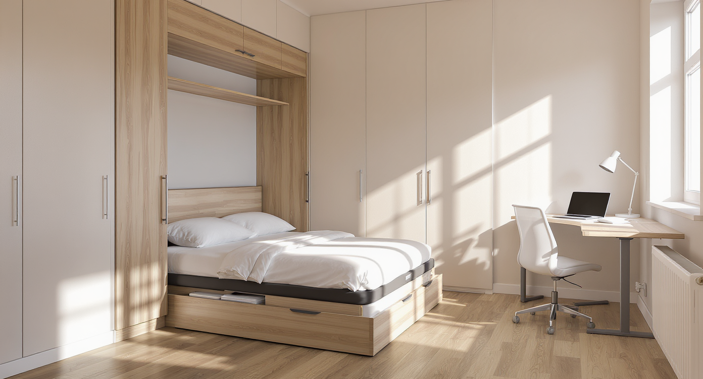 A compact home office with a Murphy bed folded up, built-in storage, and a slim desk near the window, maximizing the 90-square-foot space efficiently.