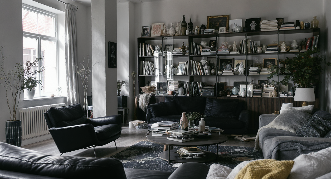 A modern living room with mismatched decor and a crowded collectible display disrupting clean, functional design in a realistically lit setting.