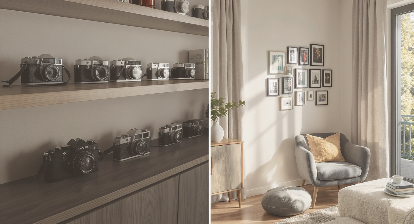 A realistic living room features a wall-dominating vintage camera shelf in the main area and a subtle nook with framed tickets, highlighting collection placement.