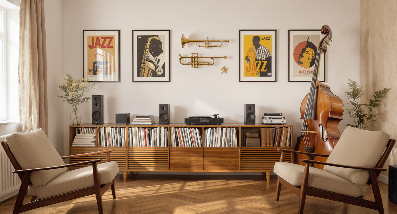 A photorealistic recreation room with vintage jazz instruments above a bookshelf, framed posters on neutral walls, and a mid-century lounge chair listening area.