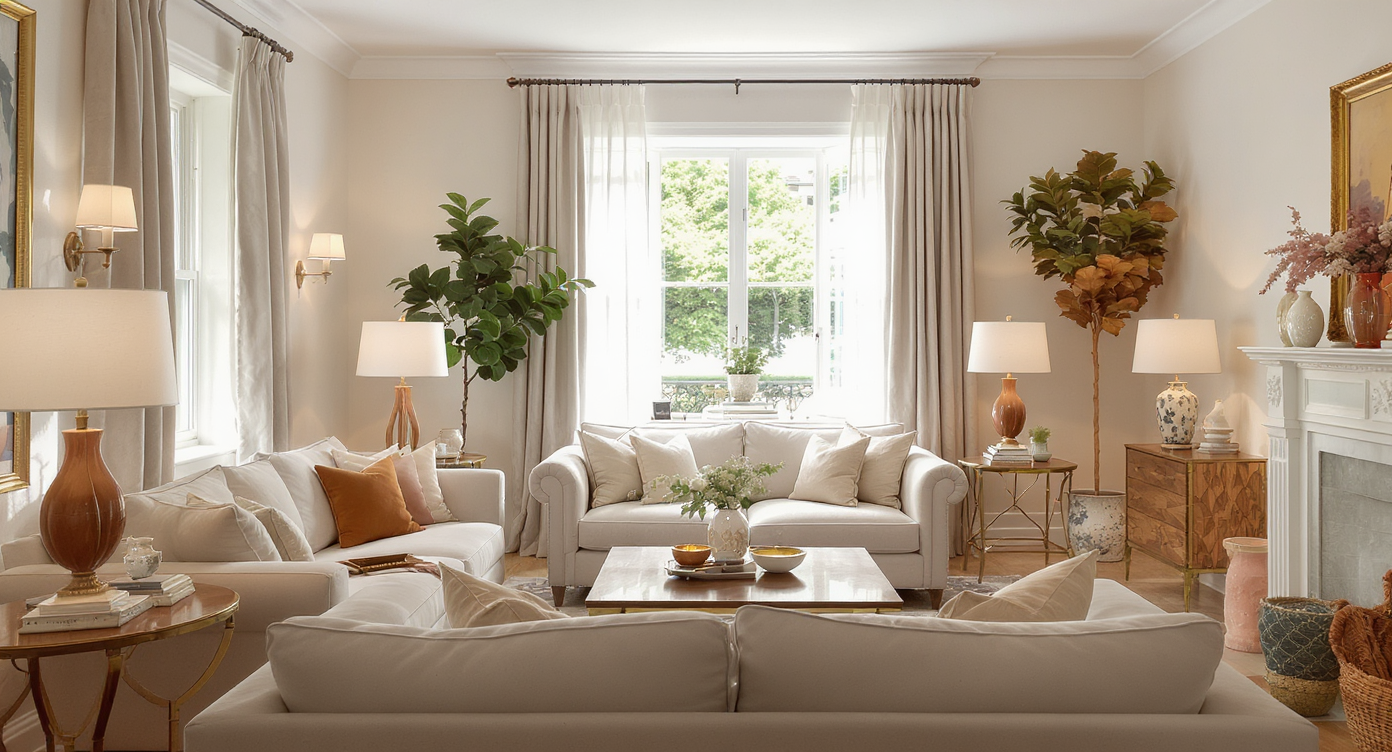 Modern living room with a curated gallery wall in a dedicated alcove, layered lighting, neutral seating, and well-organized collectibles on display.