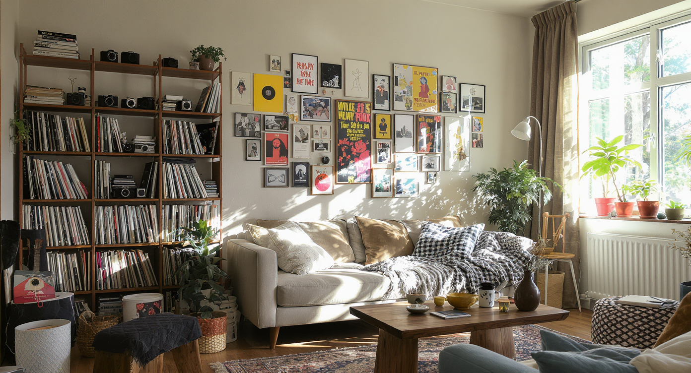 A realistic living room with crowded shelves of vintage cameras, vinyl records, and quirky art objects, highlighting personalized, unconventional decor.