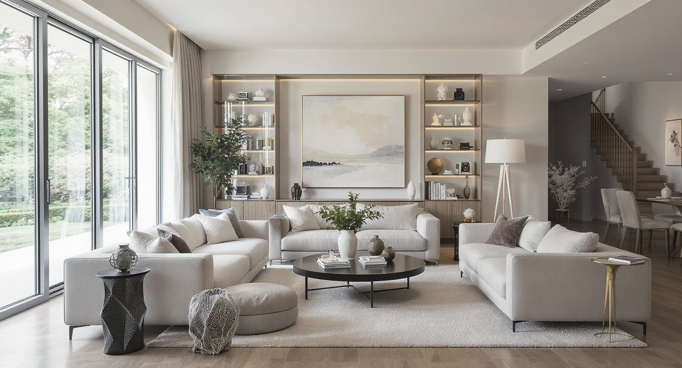 A modern living room features a unique display case anchoring a cozy nook, flexible movable seating, layered lighting, and clean lines of sight.
