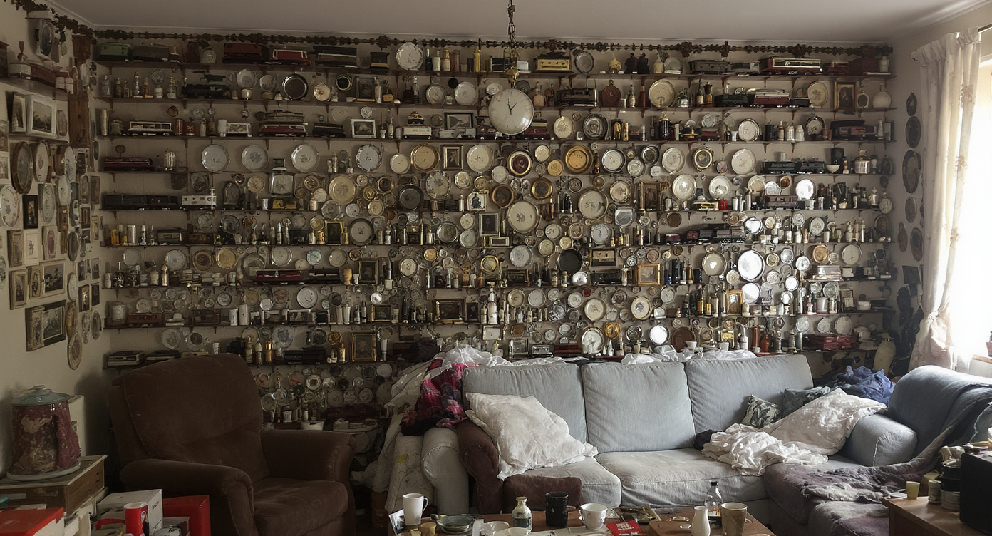 A photorealistic living room features an entire wall filled with vintage collectibles, leaving the seating area crowded and visually overwhelming.