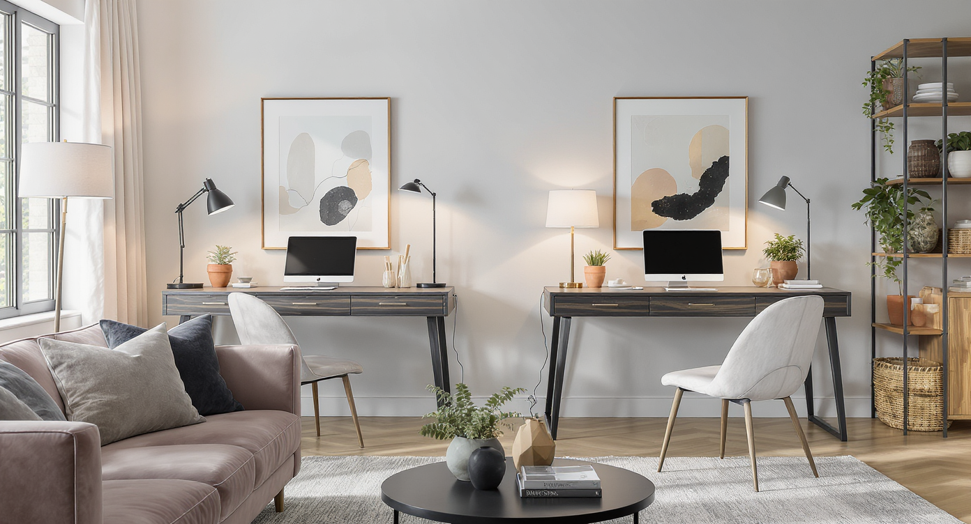 Two desks in a modern living room, each with layered task lamps, art, plants, and organizers, blending seamlessly into a cohesive, inviting environment.