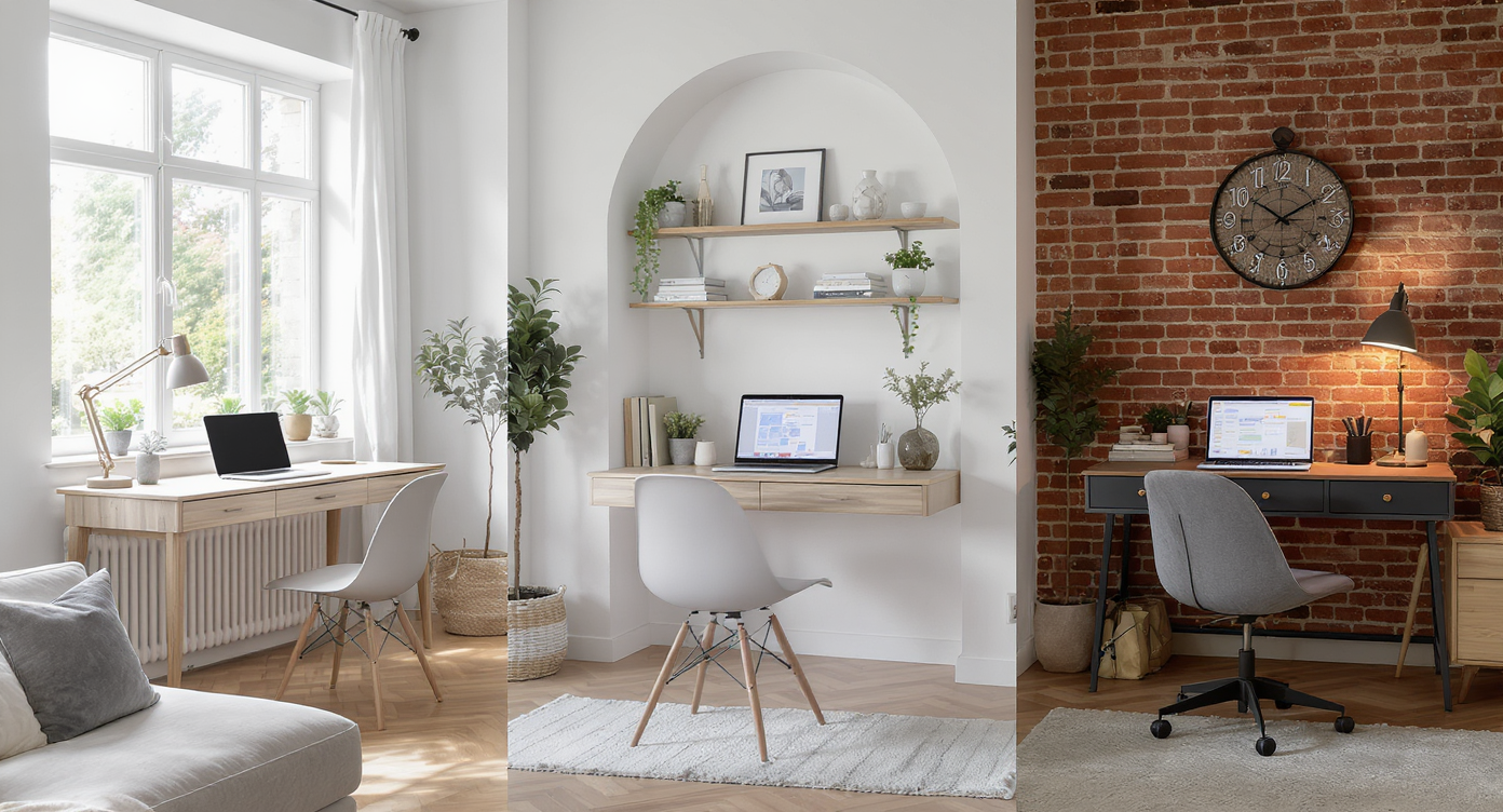 Spacious living room with three distinct desk setups integrated: by the window, in an alcove, and by a bookcase, with natural light and no people.