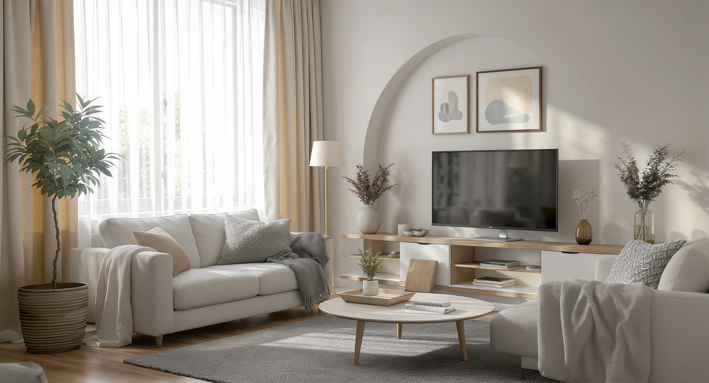 Modern living room with two organized desks, stylish seating, natural light, and efficient layout maximizing workspace within a comfortable home setting.