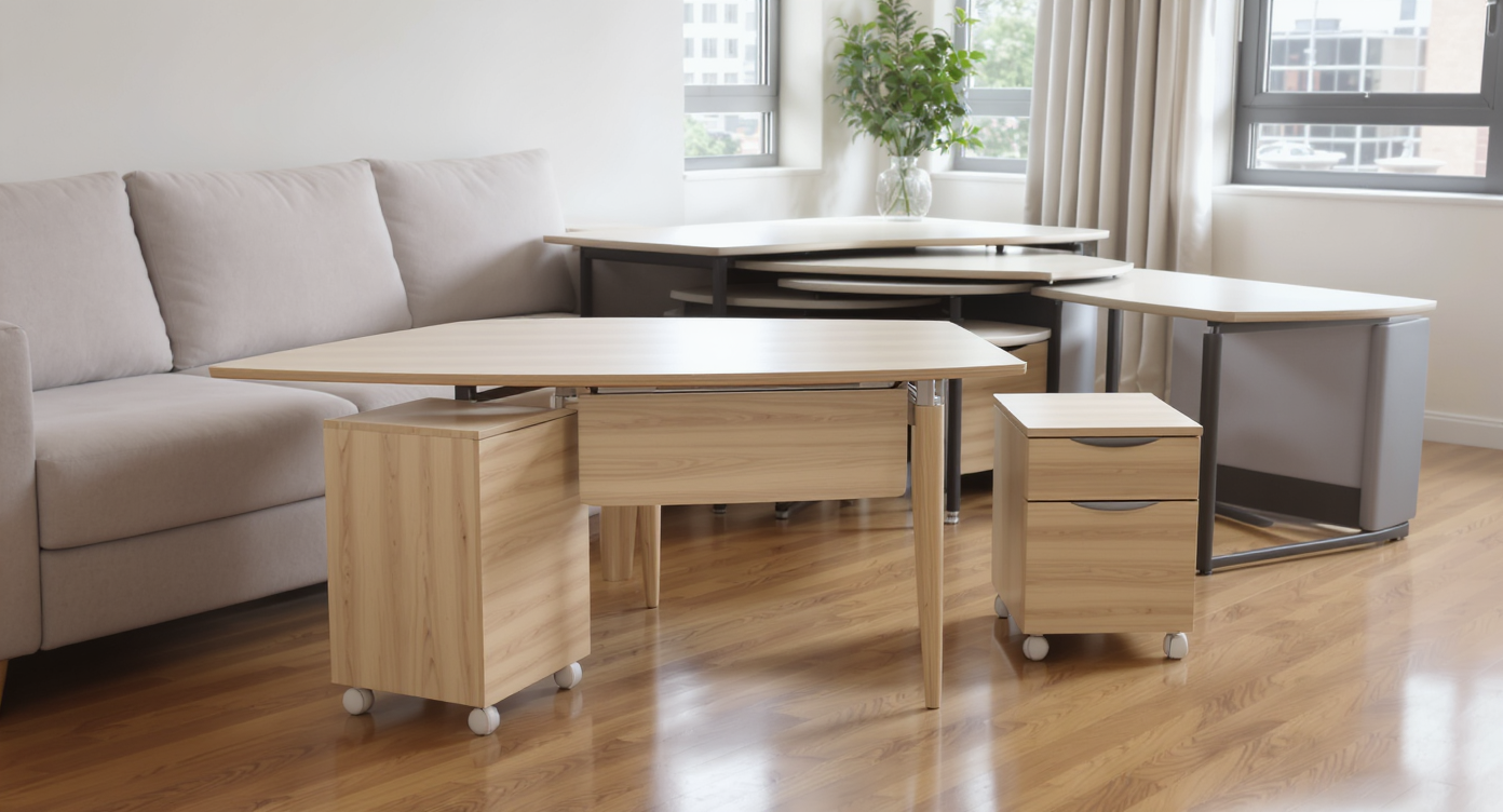 A modern living room with modular work desks, mobile pedestals, and a drop-leaf table arranged for flexibility, all under natural light.