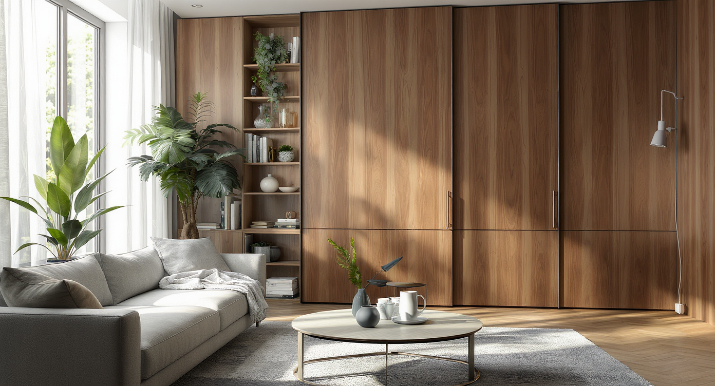 Built-in wooden wall panels in a living room, with one panel partially open to reveal a hidden desk and workstation behind it.