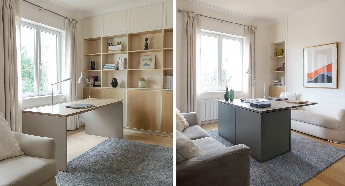A modern living room layout featuring two desks side by side with a bookshelf divider and another pair positioned back-to-back with low storage, showcasing smart desk placement.