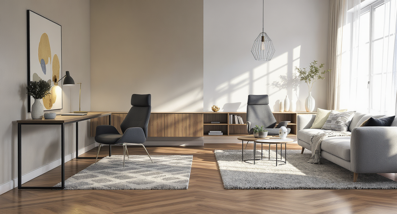 Spacious living room with two modern desks zoned by a low bookcase and area rug, visually separating workspace from relaxation area.