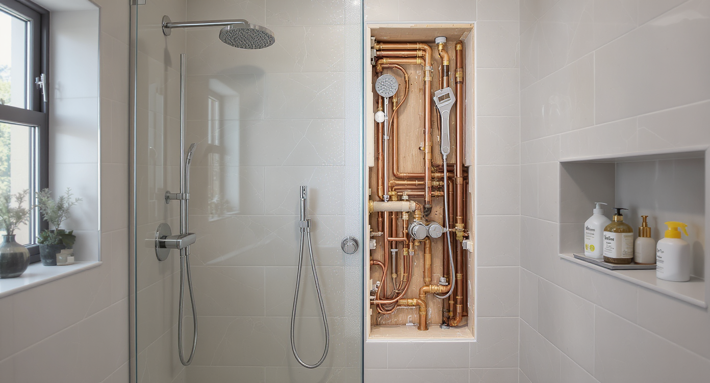 Close-up of a real modern shower stall with an exposed, installed shower valve, rainfall showerhead, and plumbing tools, no people present.