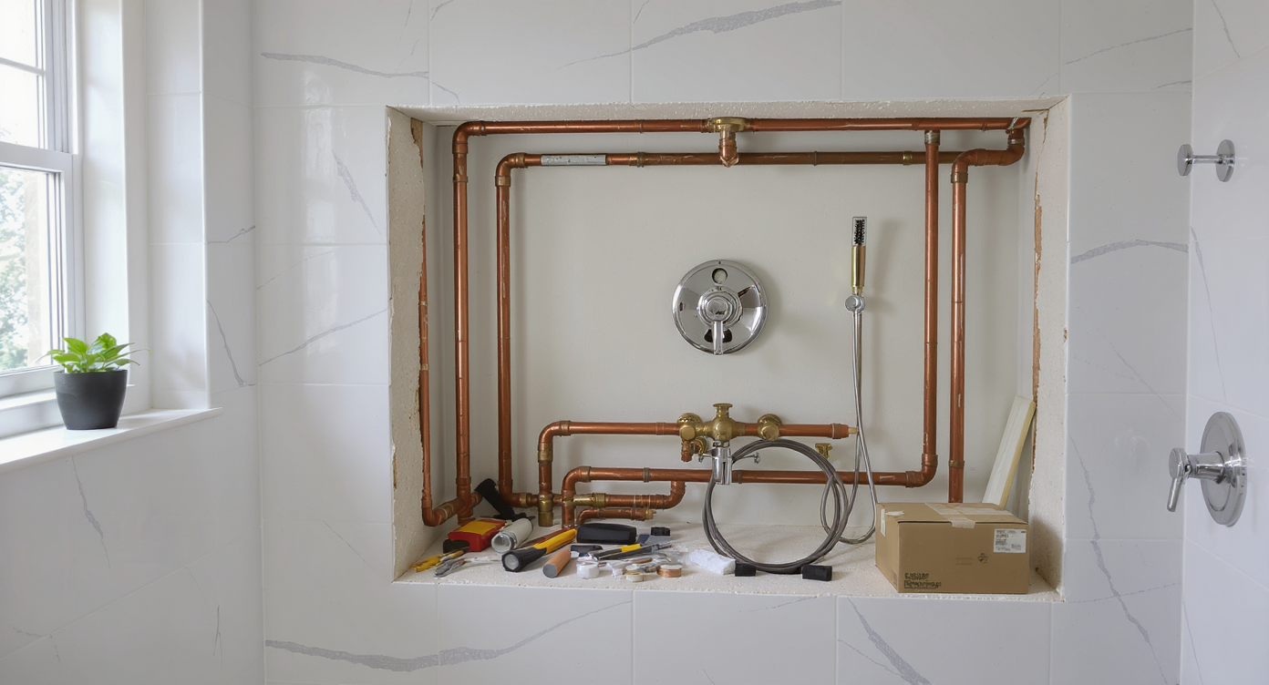 Exposed shower valve and plumbing behind a partially tiled wall in a modern bathroom remodel, with tools and boxed fixtures nearby on a sheet.
