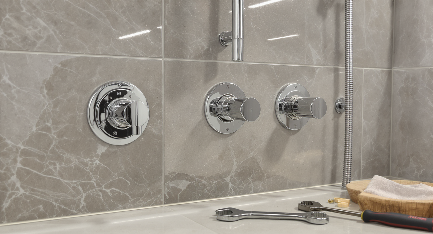 A realistic bathroom scene featuring a tiled shower wall with multiple exposed shower valves, boxed valve units, and repair parts neatly arranged nearby.