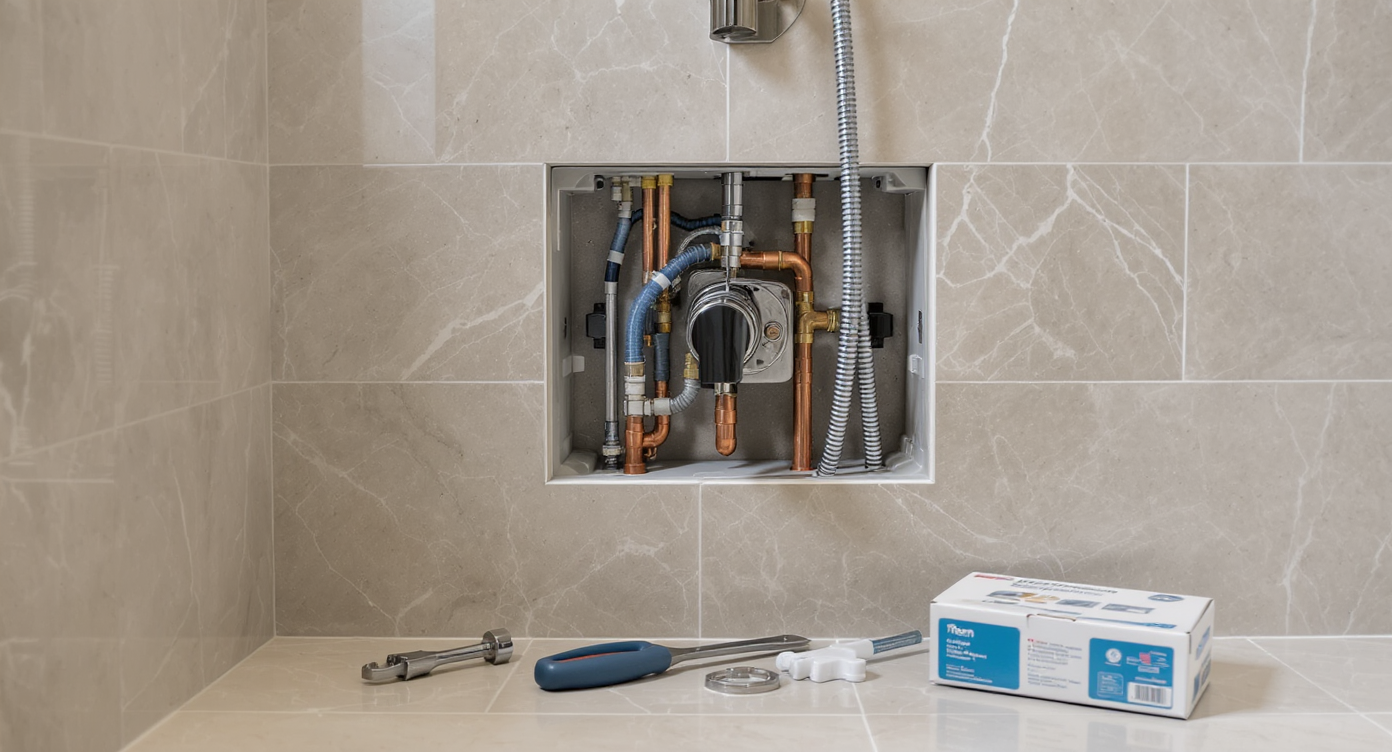 Open access panel in tiled bathroom wall reveals a quality Delta or Moen shower valve with replacement parts and tools organized on the floor.