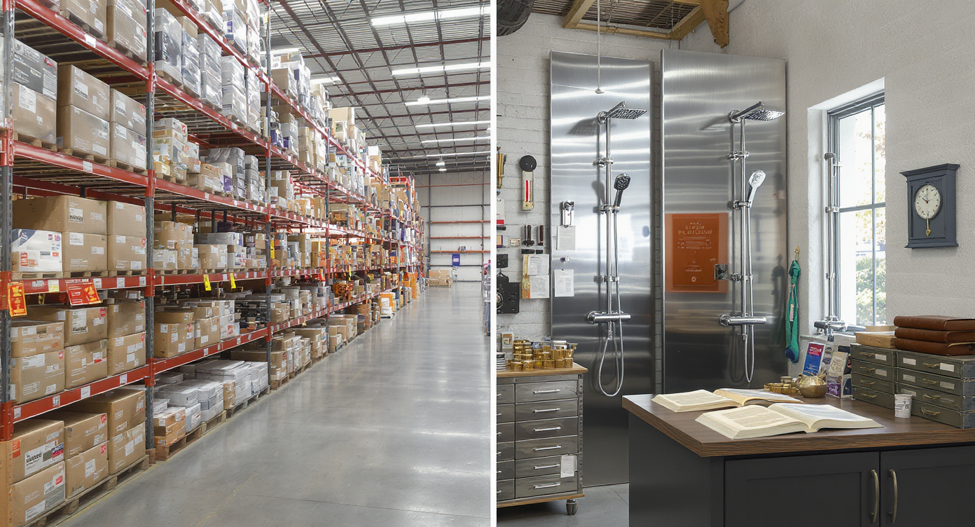 Two adjoining retail spaces: a big-box store aisle with boxed shower valves and a specialty plumbing supply store with high-quality fixtures on display.