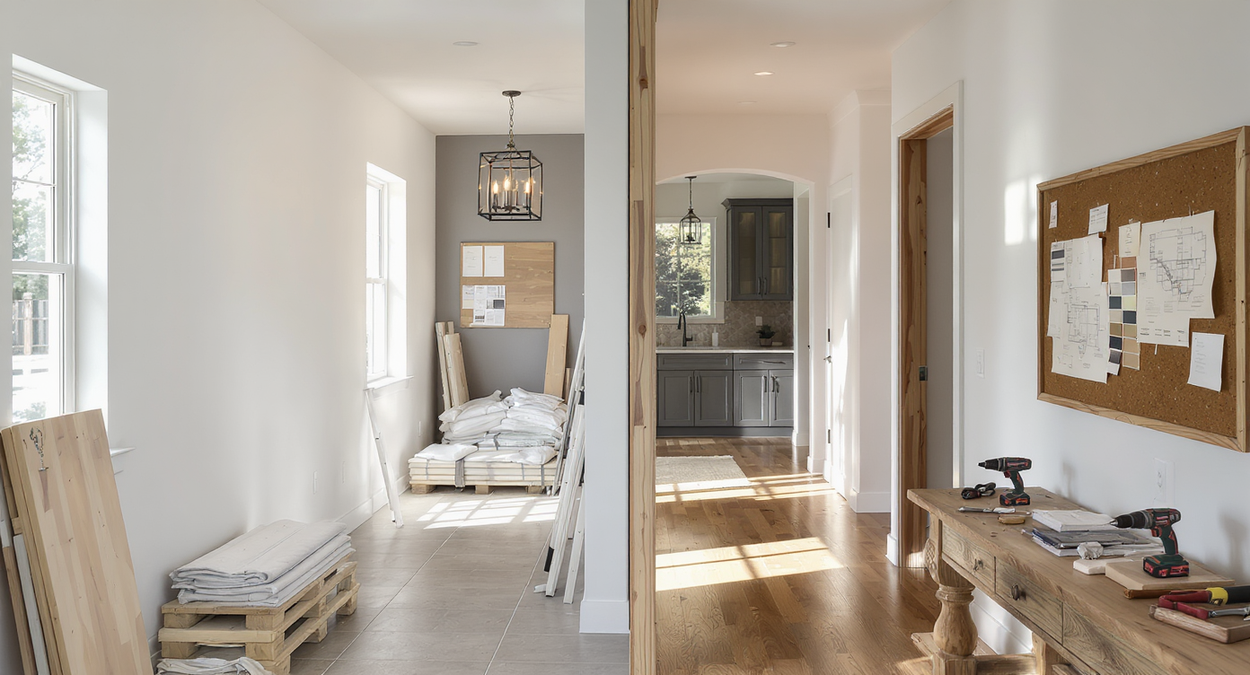 Realistic home entry hall under construction, split to show polished builder process on one side and custom contractor details on the other side.