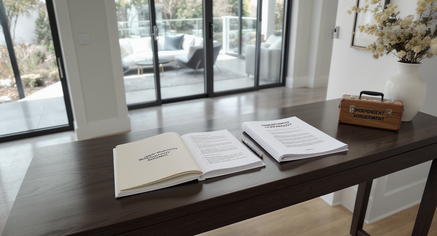 Modern entryway with warranty documents, contractor agreement, and homeowners’ maintenance tools on table, new home finishes in background.