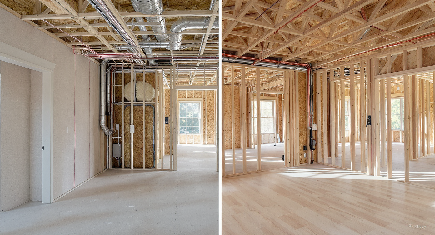 Side-by-side unfinished home interiors comparing builder-grade and custom construction, clearly showing differences in insulation, materials, and HVAC quality.