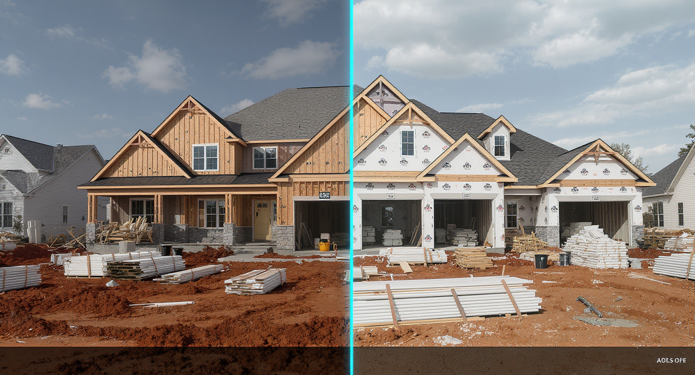 Empty building site showing two homes under construction—one a row of identical modern houses, the other a unique custom build with different materials.