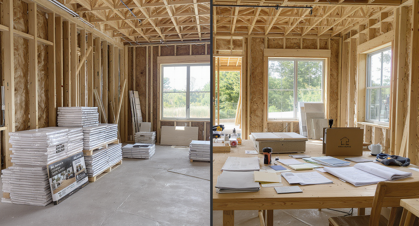 A split home construction site showing a major builder’s organized materials and plans beside an independent contractor’s customized samples and tools.
