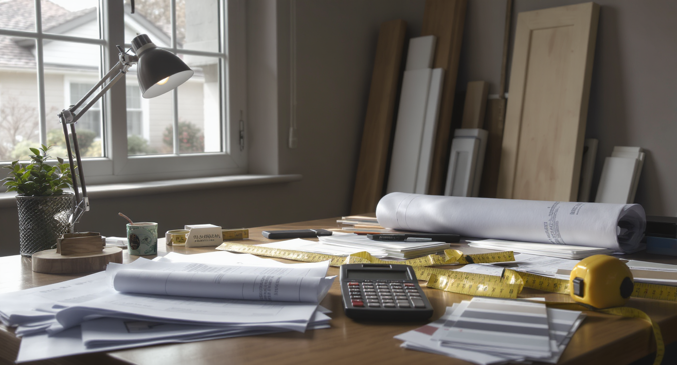 A realistic desk scene featuring cost documents, blueprints, permit files, building material samples, and a calculator for home addition budgeting.