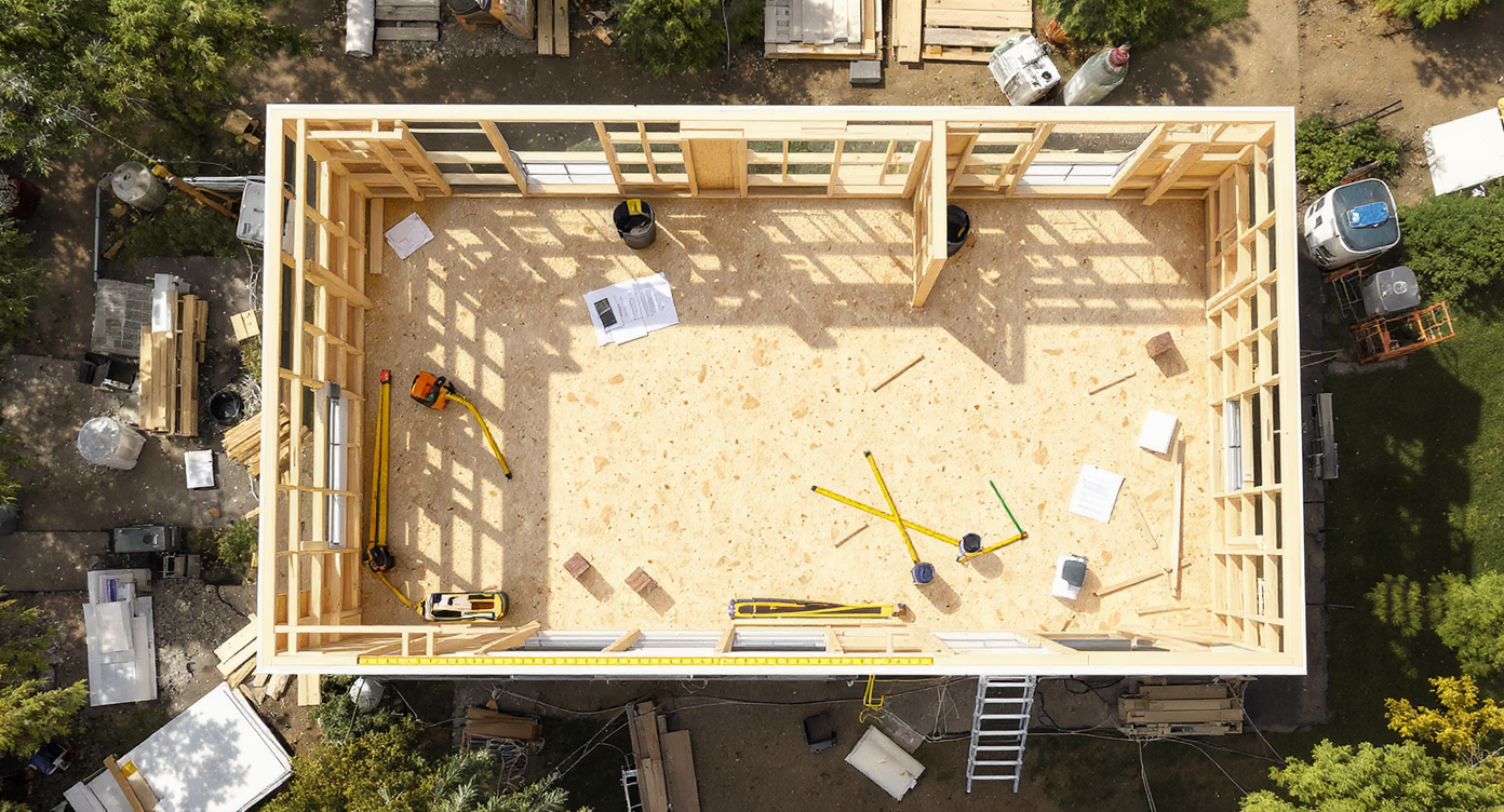 Top-down photorealistic view of a partially finished home addition with exposed framing and measured floors, permit documents, and building plans.